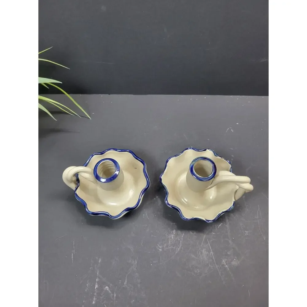 Williamsburg Pottery Candle Holder, WPF Cobalt Blue Leaf Finger Candle Stick